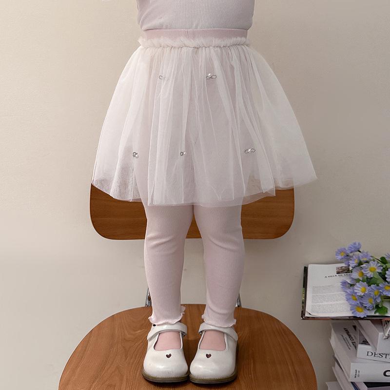 Pantalon en maille pour filles Printemps & Automne avec Jupe en Gaze Perle - Leggings Élégants Deux-en-Un pour Bébés Filles