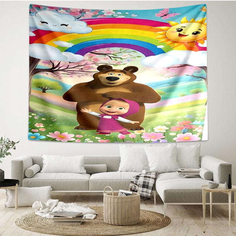 Masha and The Bear Print Tapestry - Portable Wall Decor Cloth, for Home, Dorm, Travel, Bedroom, Living Room - Ideal Birthday Housewarming Gift