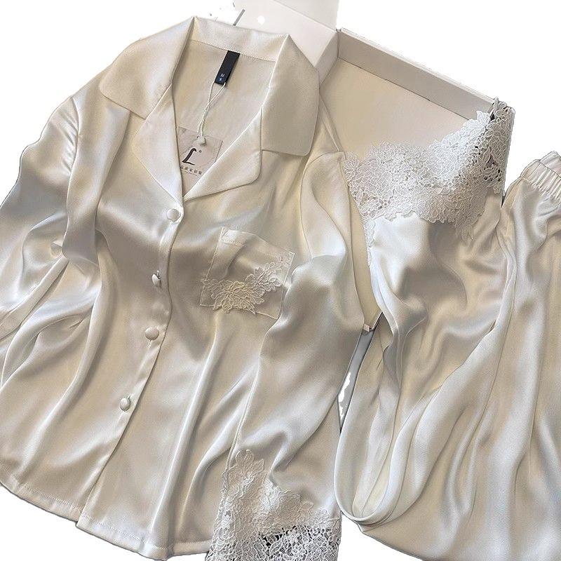 Women's Ice Silk Lace Pajama Set: Long Sleeve, Long Pants, Solid Color
