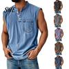 Masculine Style Shirts Men's Sleeveless Shirts, V Neck Breathable Casual Summer Lightweight Men Top Pocket Top, Button Up Solid Color Stretchable for