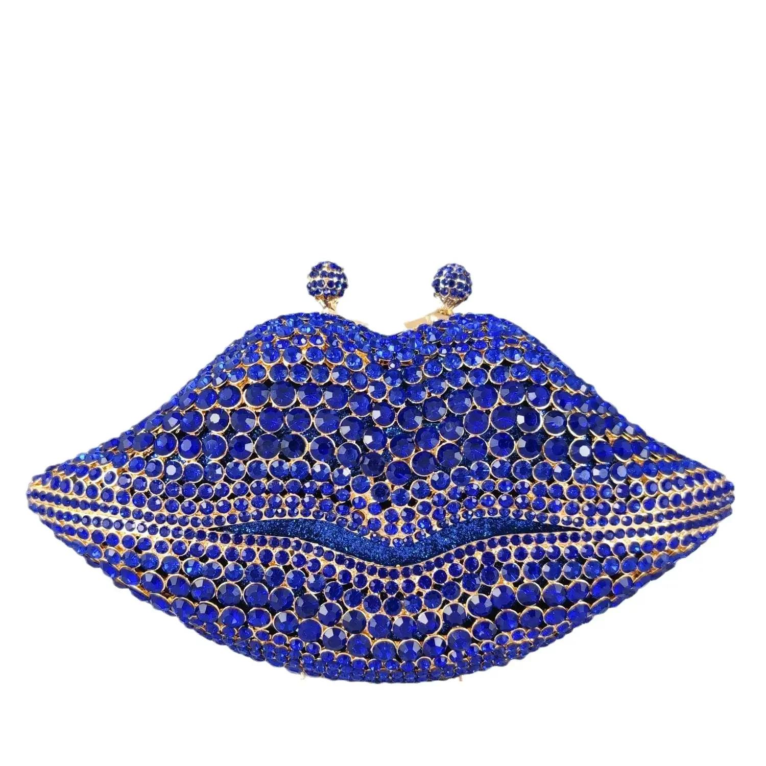 

Boutique De FGG Lip Shape Royal Blue Women Crystal Clutch Evening Bags Party Dinner Minaudere Purses Wedding Bridal Handbags Mini Size