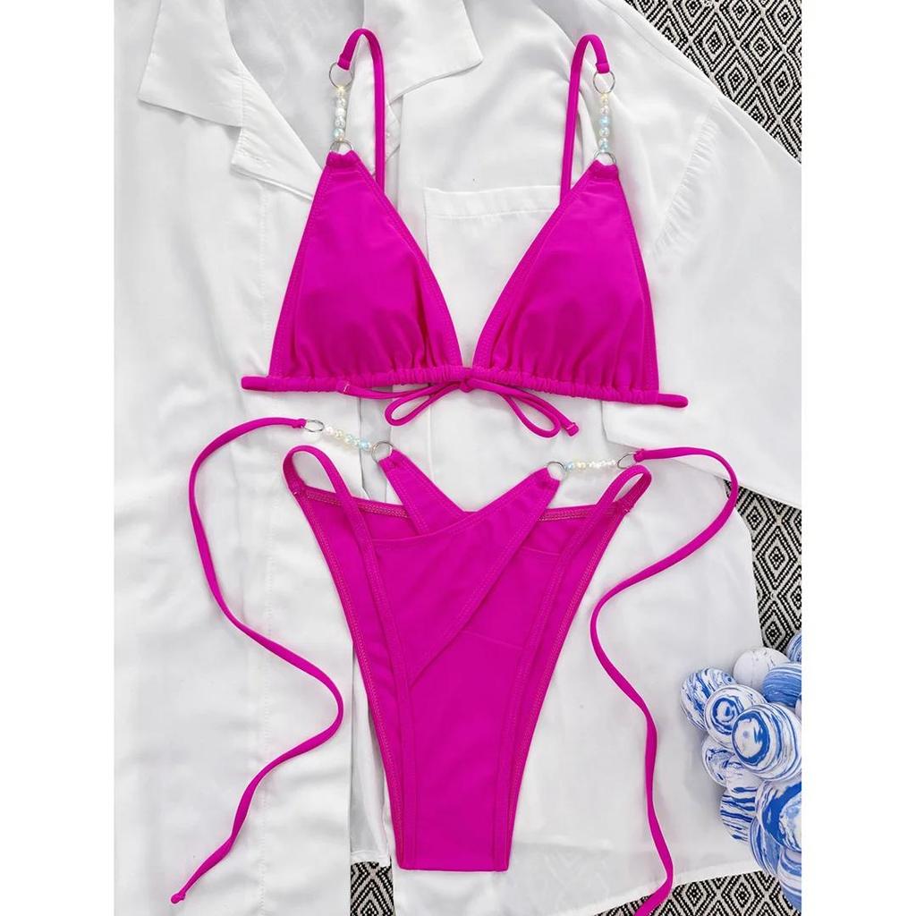 Sexy Halter Pearls Strappy Bikini Female Swimsuit Women Swimwear Two-pieces Bikini set High Cut Bather Bathing Suit Swim
