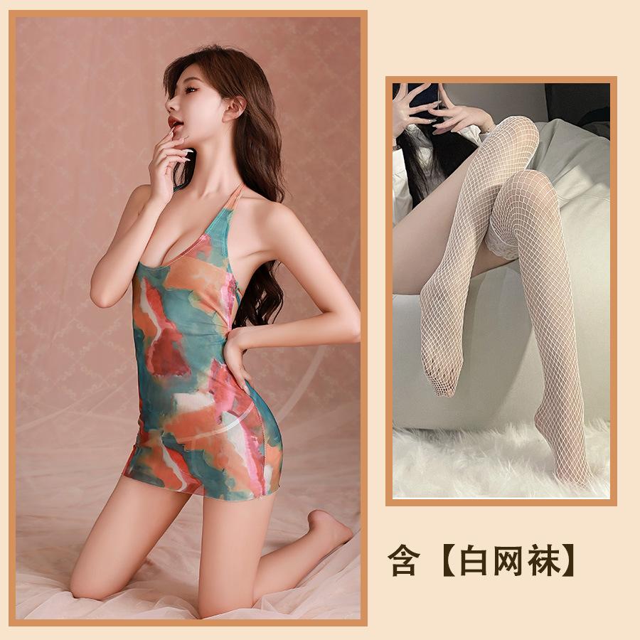 Sex Underwear Deep U Dew Ditch Smudge Printing Hip Skirt Summer Colorful Swimsuit Perspective Temptation Nightdress Woman