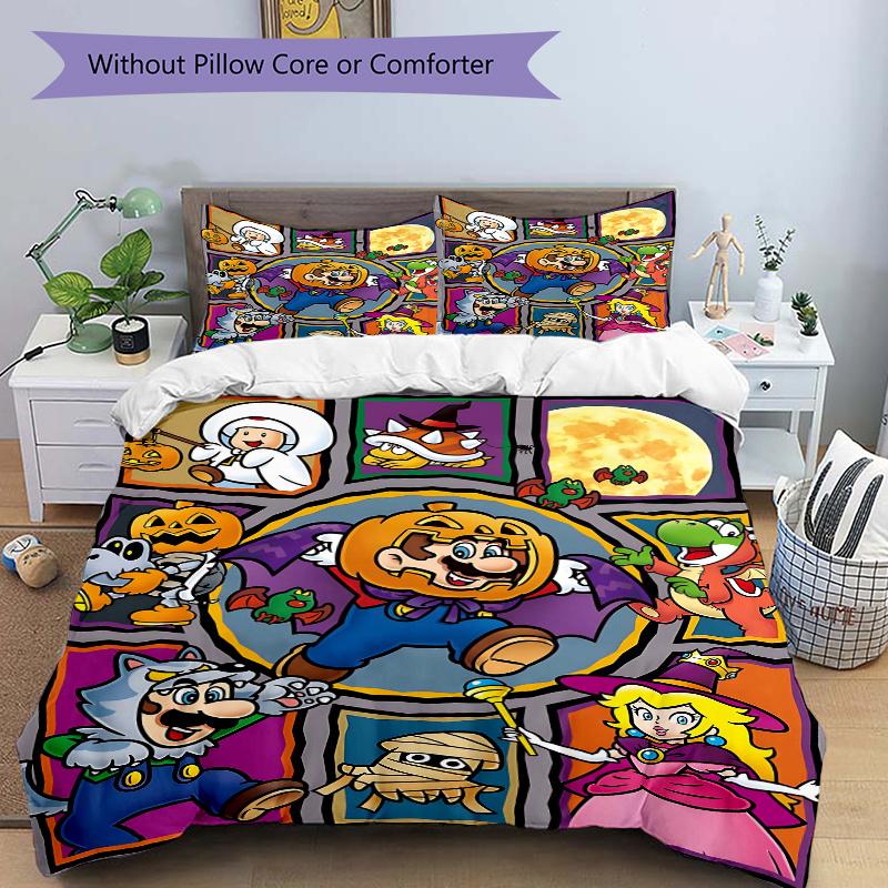 3pcs Halloween Costume Fun Mario & Friends Bedding Set - Includes Quilt Cover and Pillowcases, Suitable for All Seasons, Machine Washable -