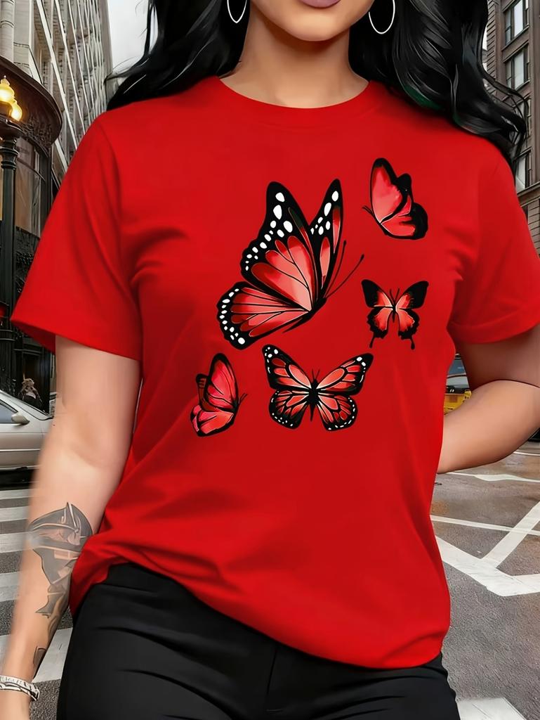 New Butterfly Print T-Shirt Women Printed European Style Short Sleeve Round Neck Tops Oversized T Shirt Summer Women Clothing