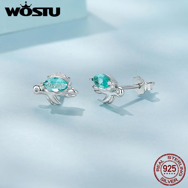 WOSTU 925 Sterling Silver Mini Green Turtle Stud Earrings For Women Girl Daugther Party Jewelry Holiday Gift S925 Pendientes