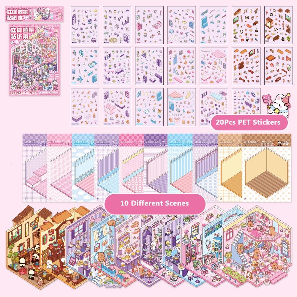 Cartoon Cabin Scene Pocket Sticker DIY Sticker Cabin Scene Creative Miniature Scene Book  for Kid