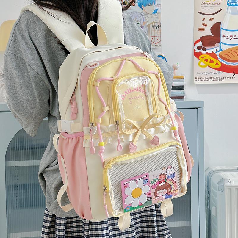 Cute bow small fresh junior high school student large capacity schoolbag high school student backpack girl feeling transparent pain bag