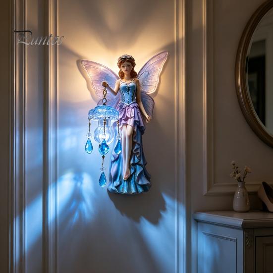 Boho Country Style Home Decorations Fairy Wall Lamp, Resin Sconce with Warm LED Glow for Bedroom Unique Crafts Living Room Room, Vintage Rustic