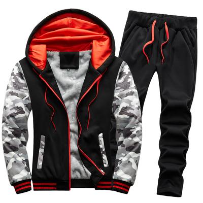 Outono e Inverno Casual Masculino Plus Pelúcia Espesso Fato com Capuz Jaqueta Moletom Quente Masculina Conjunto Casual Masculino Plus Pelúcia Espesso de Duas Peças