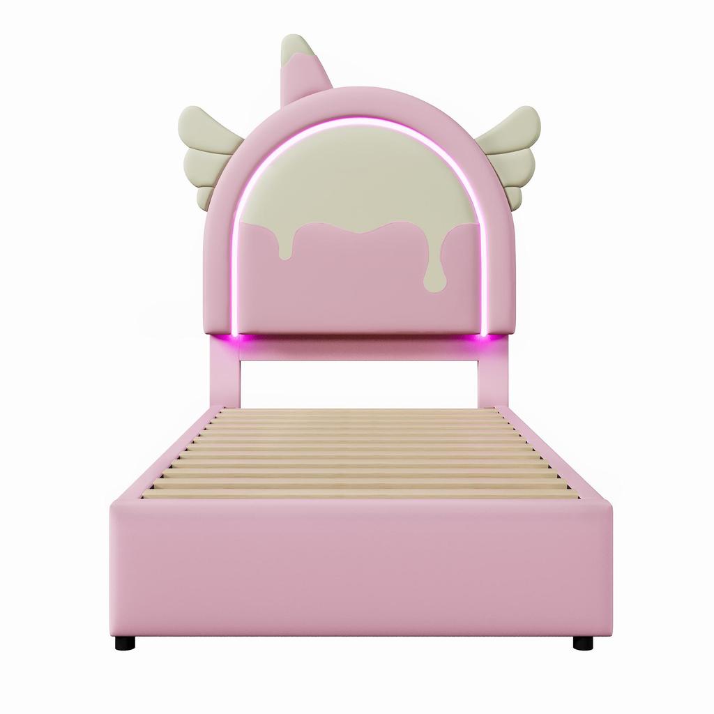 Łóżko dziecięce Flieks, łóżko tapicerowane 90x200 cm dla dziewczynki z zagłówkiem w kształcie jednorożca, 16 kolorów paska LED i 2 szuflady, różowe