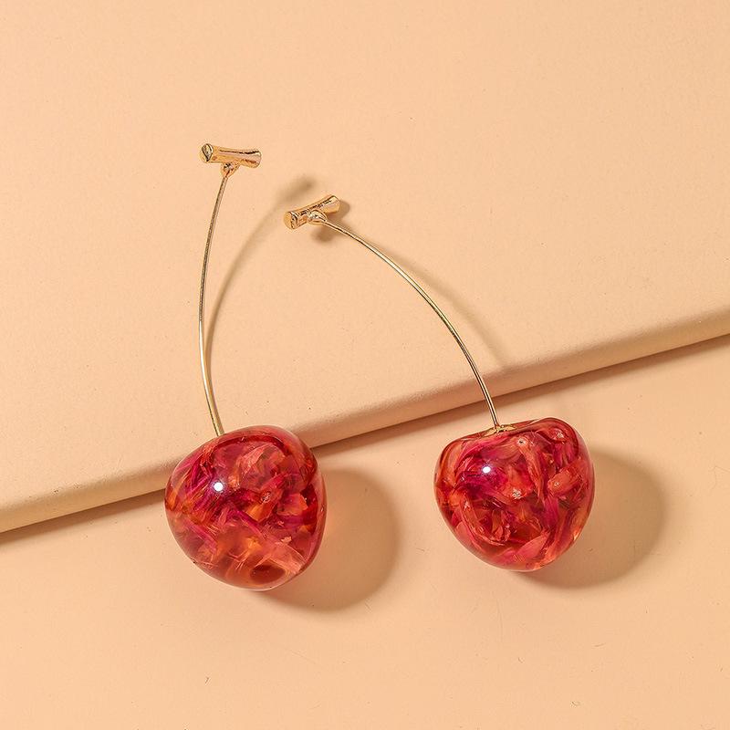 Charming Cherry Resin Earrings with Dried Flowers - Influencer Style, Fresh & Cute for Women