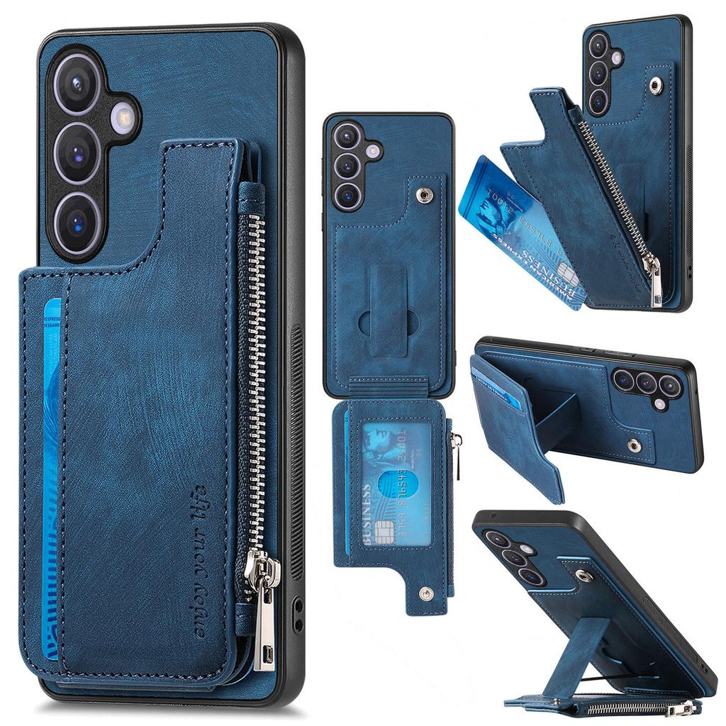 For Samsung Galaxy S24 Case Zipper Card Holder Kickstand Leather+PC+TPU Phone Cover