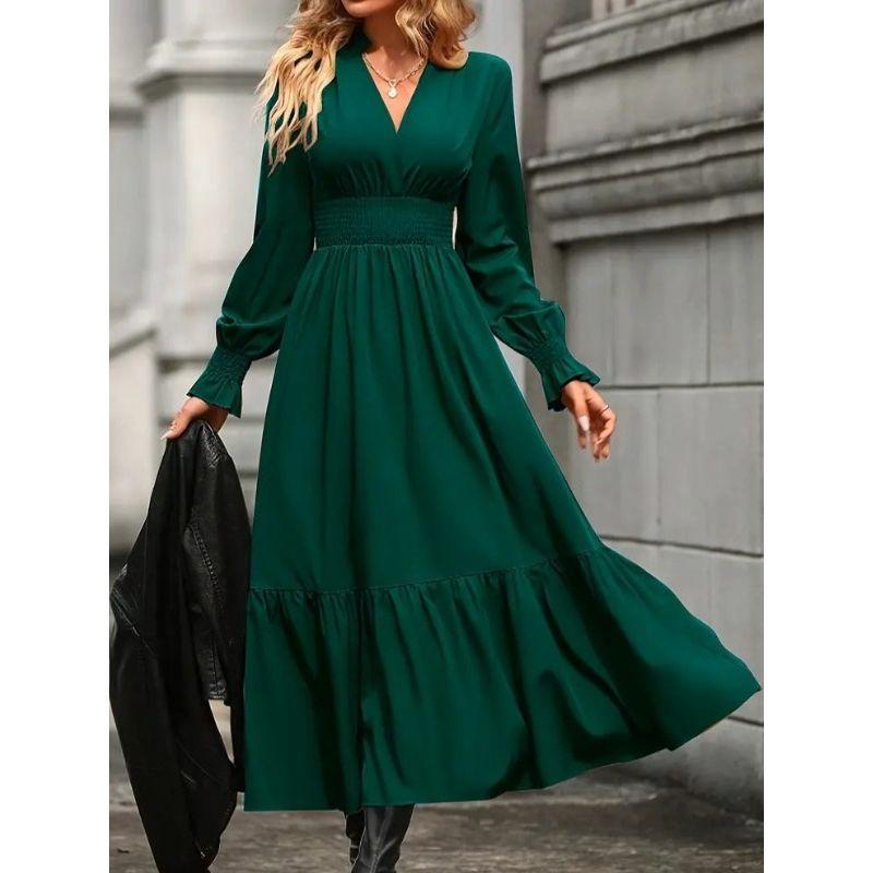 Autumn Fashion Style Fashion Commuter Ol Pure Color V-neck Waist-Controlled Slimming Temperament Long Sleeve Large Swing Dress Dress Dress