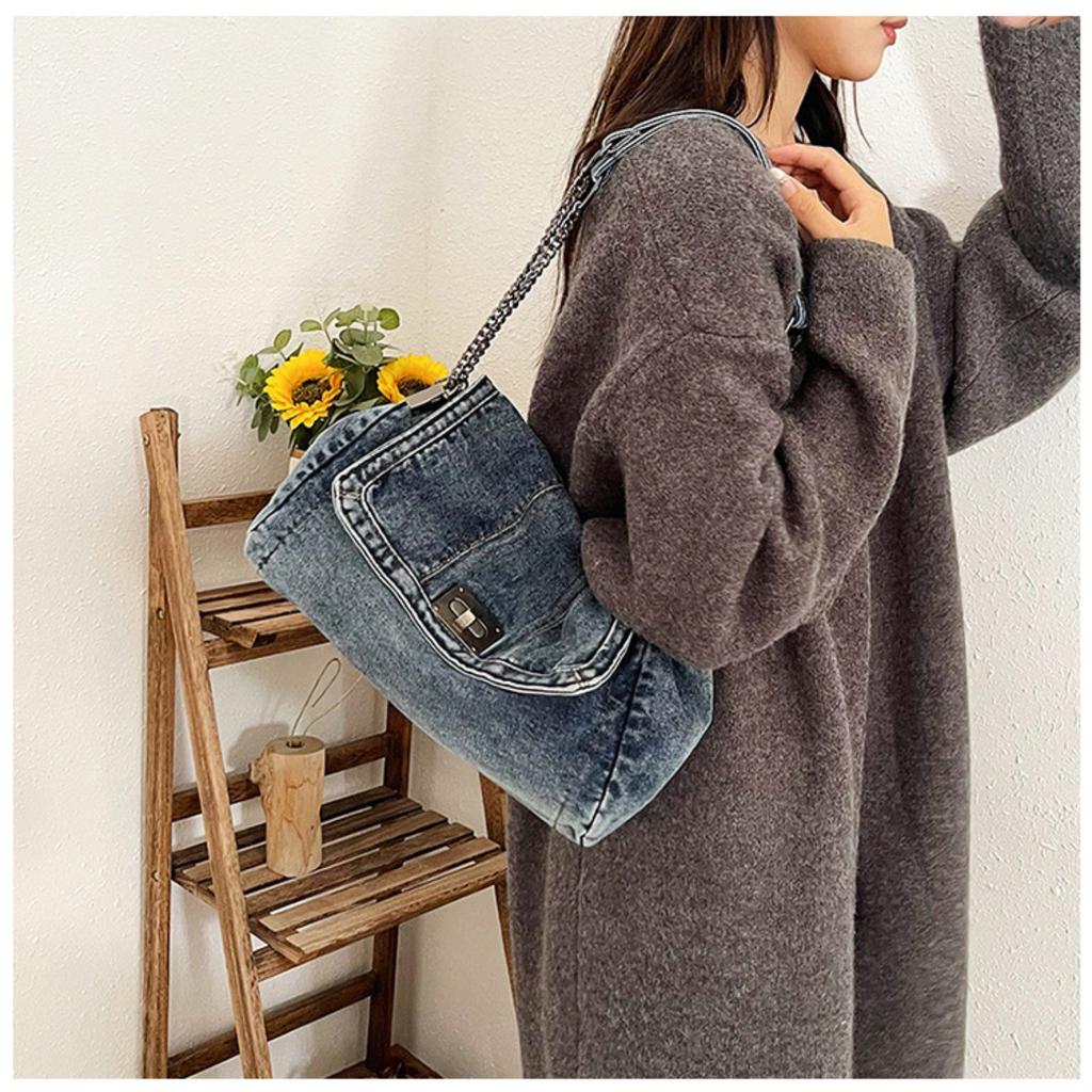 Blue Denim Bag Denim Handbag Large Capacity Crossbody Bag Women's Denim Shoulder Bag