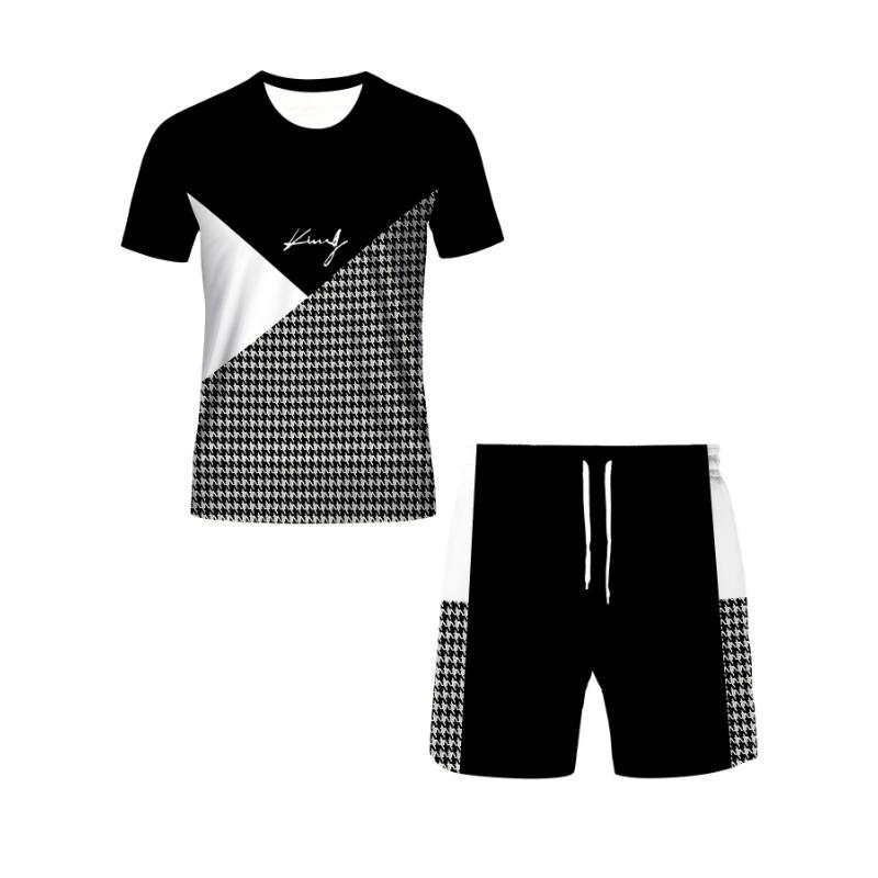 Men s Geometric Print Set: Black White Houndstooth Graphic Tee with Matching Shorts. Urban Streetwear for Daily Lounge Summer Vacation S разноцветный