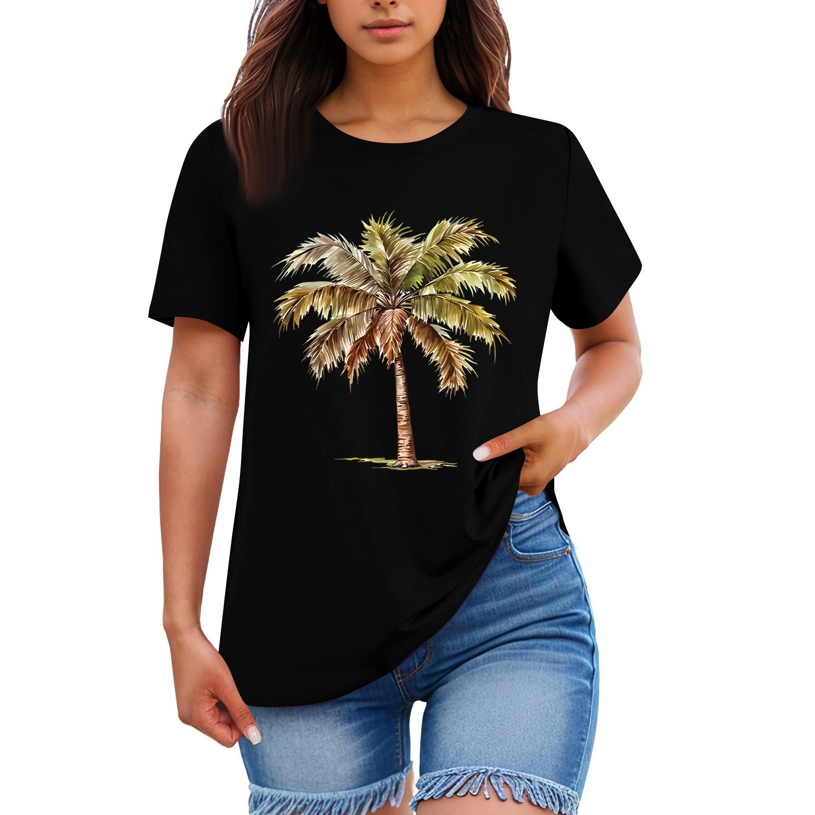 

Женская свободная удобная повседневная и модная рубашка с гавайским принтом растений, круглым вырезом и короткими рукавами L чёрный