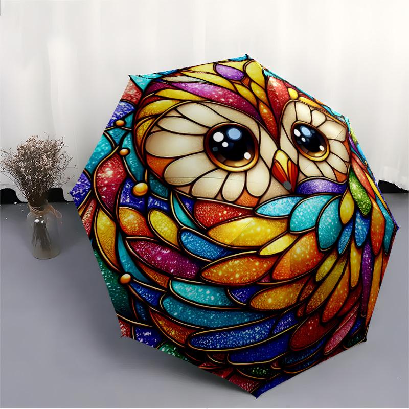 1pc Stained Glass Owl Compact Travel Umbrella, Automatic Folding Lightweight Windproof 8-Bone Reinforced Design,012148