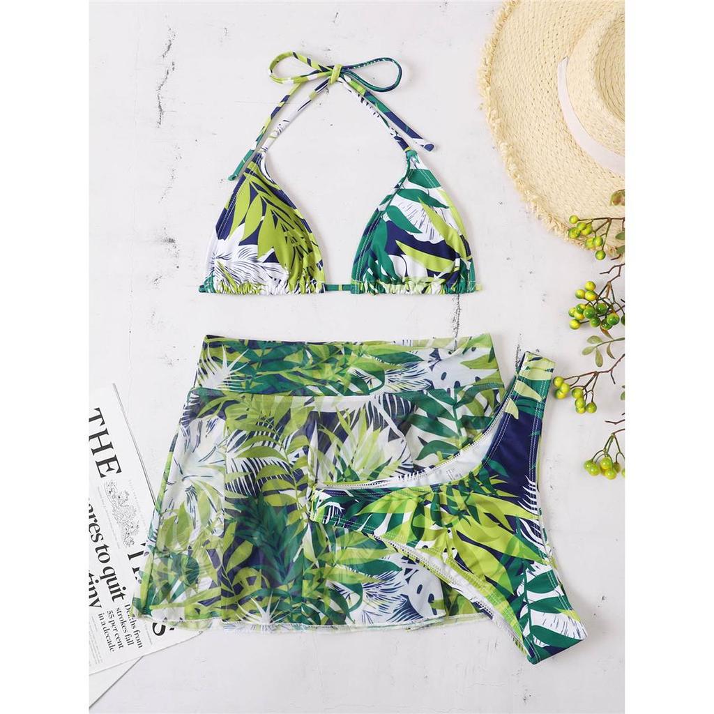 3PCS Printed With Skirt Halter Bikini Women Swimwear Female Swimsuit Three-pieces Bikini Set Bather Bathing Suit Swim Lady