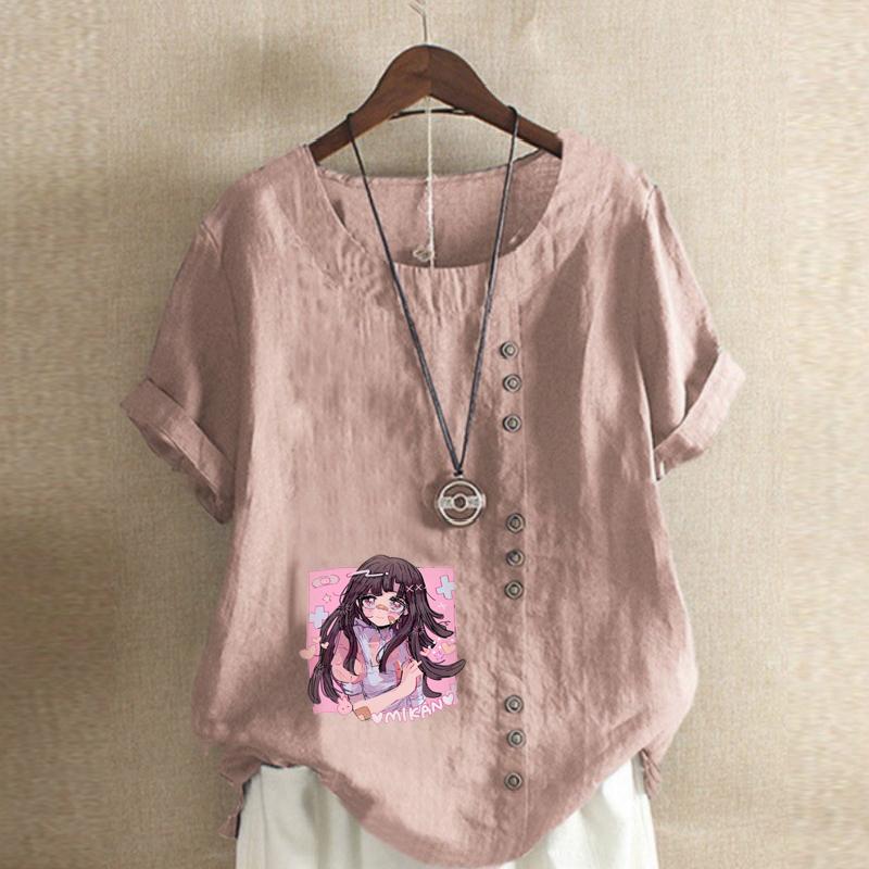 Women's Fashion Round Neck Short Sleeve T-shirt Casual Cotton Linen Graphic Shirt Leisure Loose Pink Girl Prined Summer Blouse Tops