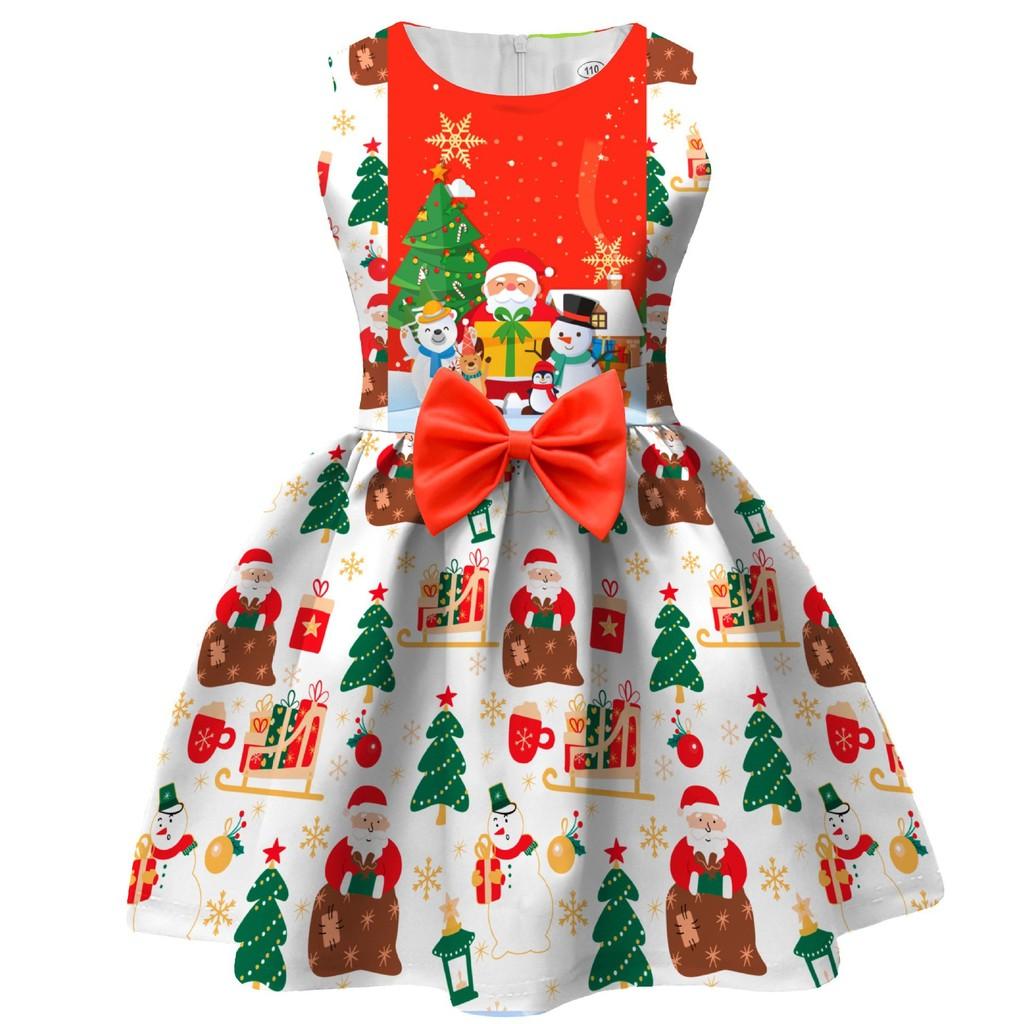 Kids Girls Cartoon Santa Claus Christmas Tree Elk Print Bow Sleeveless Casual Dress