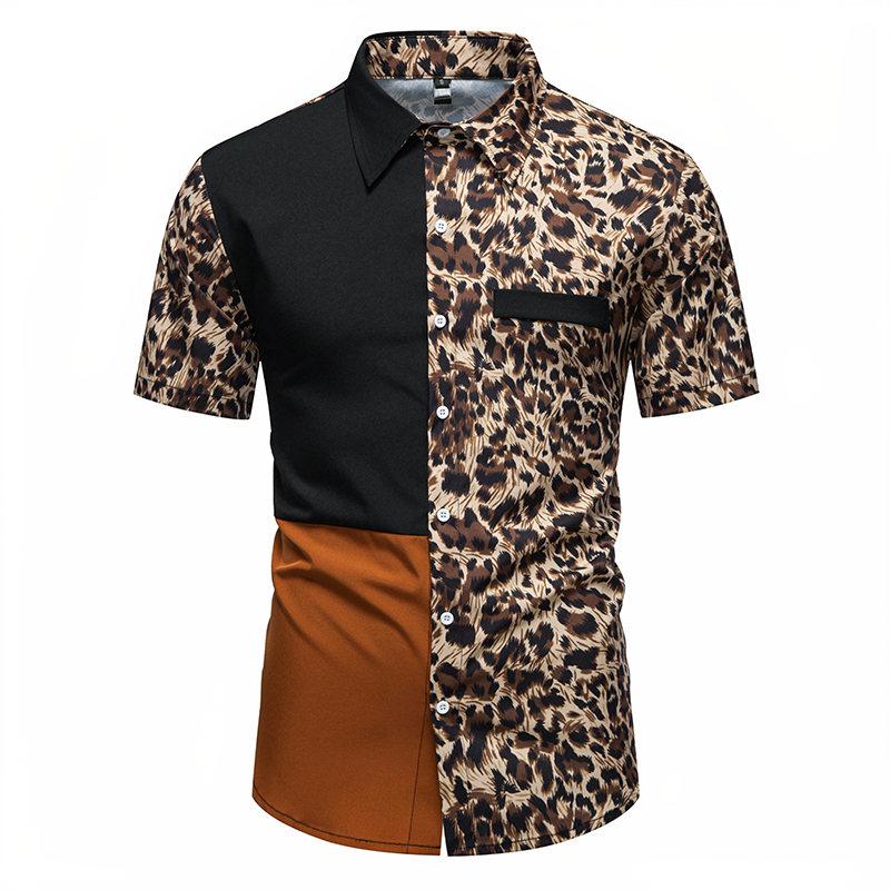 

Leopard Print Color Block Men Shirt Homme Luxe Summer Tops Vintage Man Short Sleeve Holiday Hawaiian Cuban Shirt Streetwear XXL