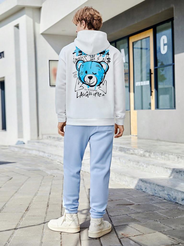 Blue Happy Bear Slogan Hoodies For Male Creative Casual Hoody Sport Cartoons Sweatshirts Pocket All-Match Mens Pullovers