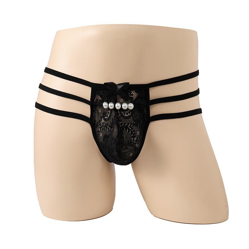Sissy Pouch Lingerie Panties Men Pearl Bowknot Lace Panties Erotic See Through Thong Sex Naughty Gay Fetis Erotic Underwear