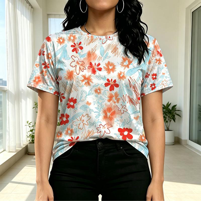 Women's Minimal Floral Short Sleeve T-Shirt - Soft Round Neck Basic Top, Casual & Versatile, Ideal for Girlfriends Gatherings & Daily Wear