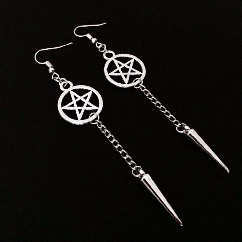 Personality Gothic Sliver Color Five-pointed Star Sword Dagger Tassels Dangle Earrings for Women Hallowmas Party Jewelry Gifts