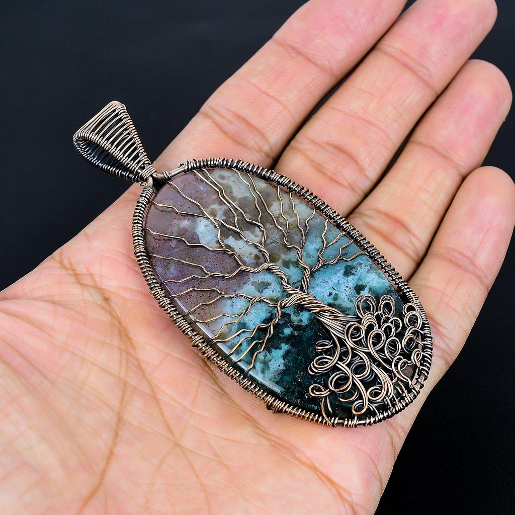 Moss Agate Pendant, Gemstone Jewelry 999 Copper Wire Wrap Tree Of Life Pendant, Gift For Women Handmade Pendant