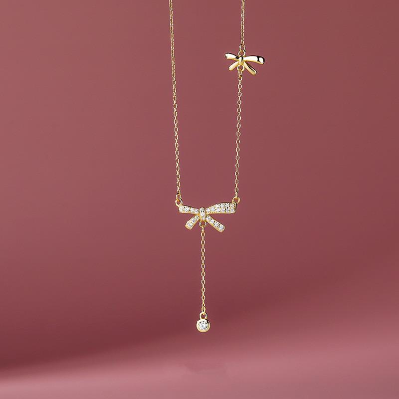

925 sterling silver Inlaid Zircon Bow Necklace for Women Elegant Sweet Clavicle Chain All-match Jewelry Gift 45cm золотий