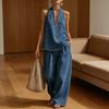 Halter Denim Set for Women Sleeveless Tank Top And Wide Leg Pants Lounge Sets Summer Casual Two Piece Outfits with Pockets