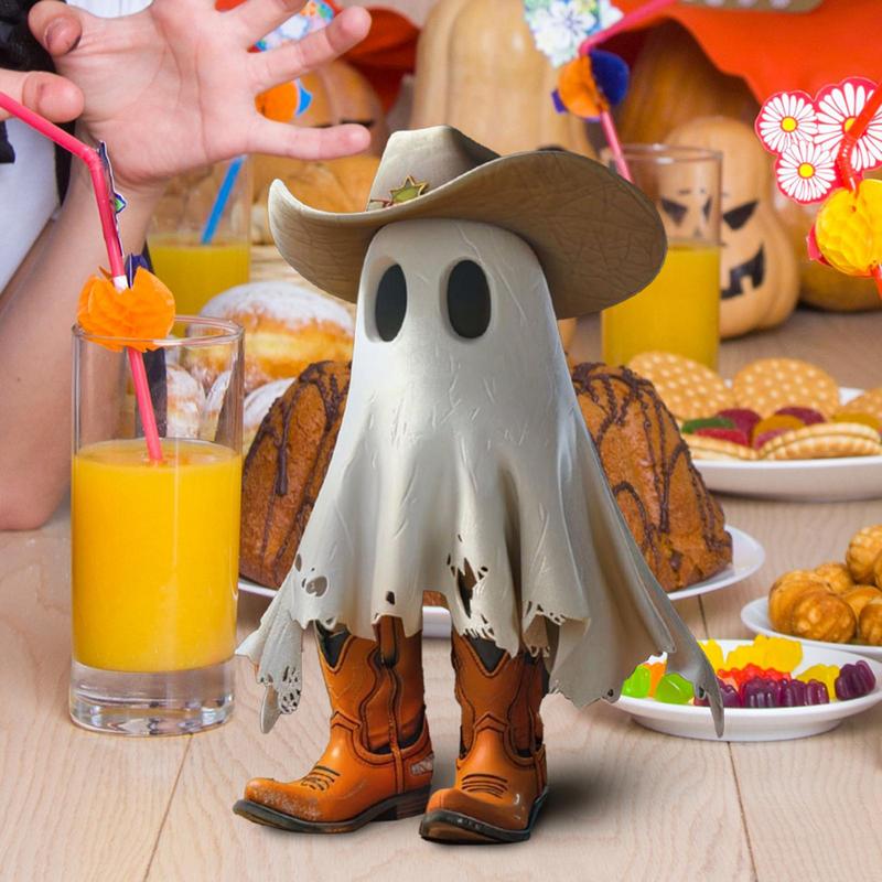Charming Cowboy Ghost Statue Halloween Cute Ghost Statue With Hat And Boots Halloween Decor For Home Office Car Accessories