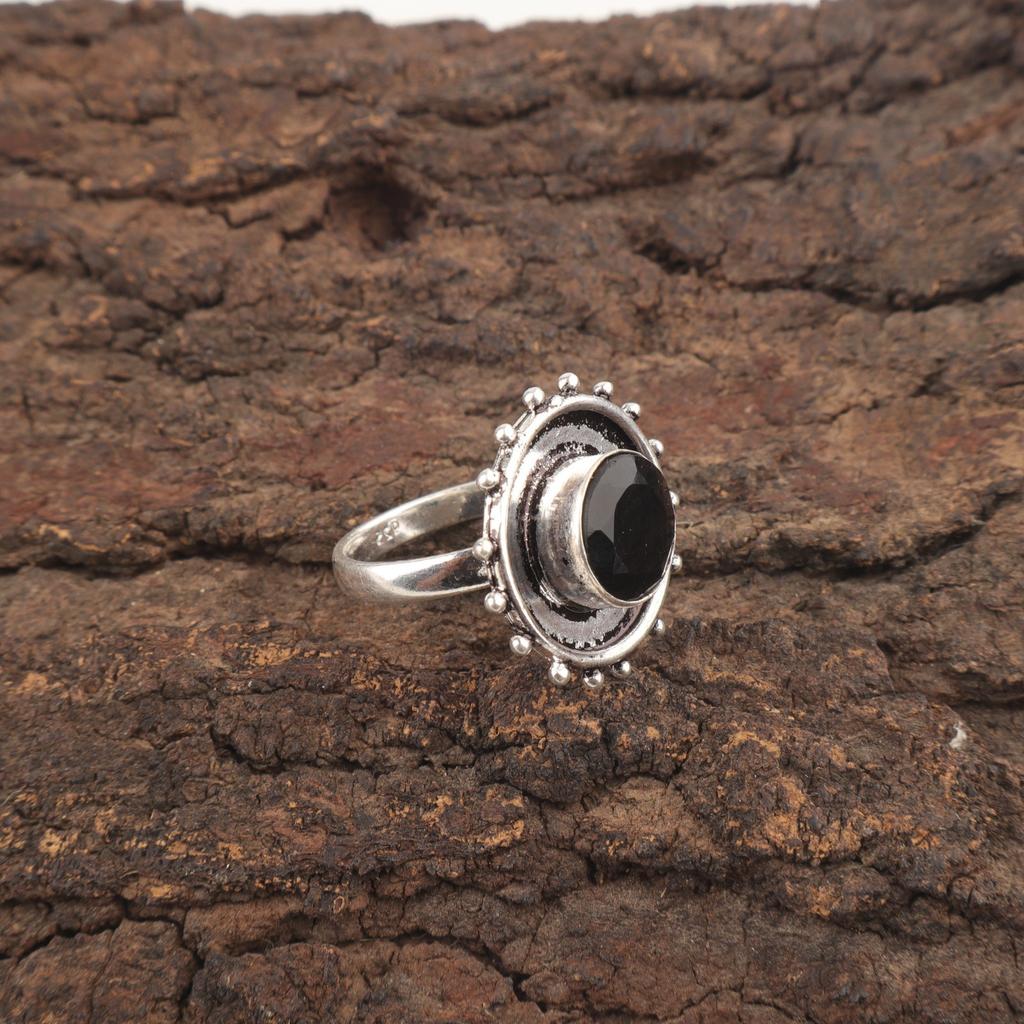 Round Black Onyx Gemstone Statement Eternity Friend Gift Ring Sterling Silver RR-49-19