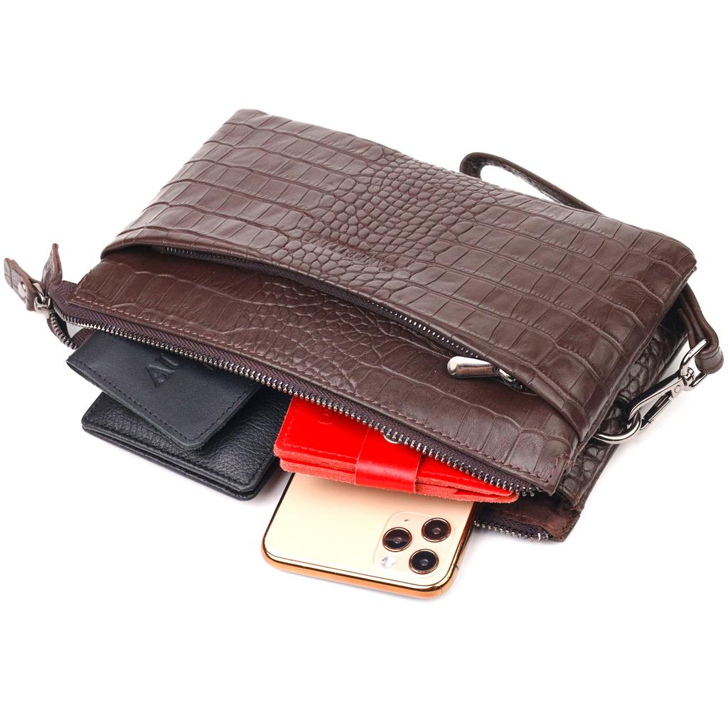 Interesting Clutch for Men Made of Genuine Textured Leather with Crocodile Embossing CANPELLINI 21554 Brown