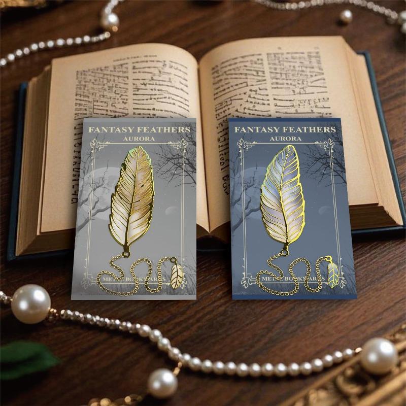 Vintage Feather Gold Stamped Metal Bookmark with Metal Chain Pendant Exquisite Bookmark Book Page Divider Office Stationery