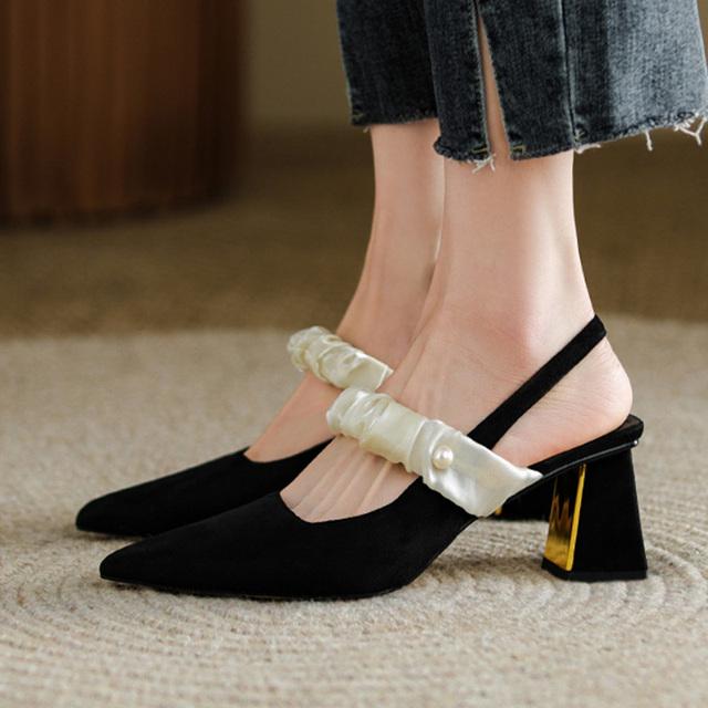 Luxury Women Sexy High Heels Sandals Chunky Fad Suede Pointed Toe Shoes Spring Summer New Pumps Women Slingback Slippers
