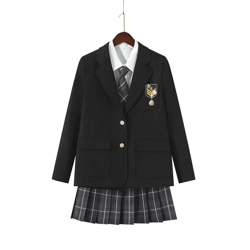 

Blazer JK Uniform Coat Sailor Suit Jacket High School Girl Suit Skirt Badge Tie Brown Black Black [Mrinoyume] (XL, 5-piece Set)