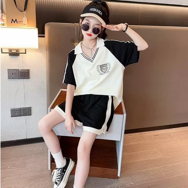 Summer Clothes Set for Children Girls Fashion V Neck T-shirts and Shorts 2pcs Suit Teenage Lapel Top Bottom Outfits Tracksuits