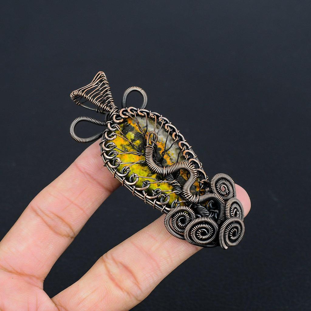 Bumble Bee Jasper Jewelry, 999 Copper Wire Wrapped Gemstone Pendant, Handmade Pendant, For Memorial Day