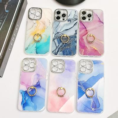 Geeignet für IPhone16 Galvanisierte Handyhülle, Apple 15promax Marmormuster Ringständer Hülle