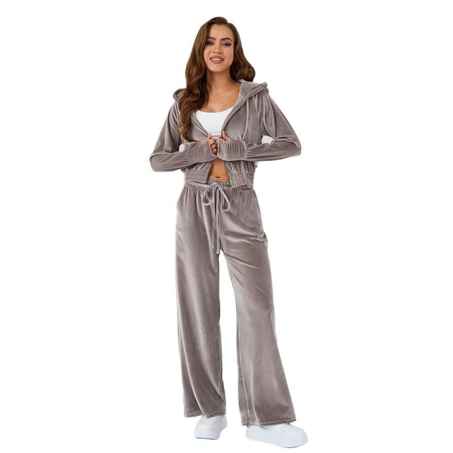 Women's Casual Zip-Up Hoodie with Drawstring Pants 2-Piece Set, Solid Color Silver Fox Fleece Tracksuit
