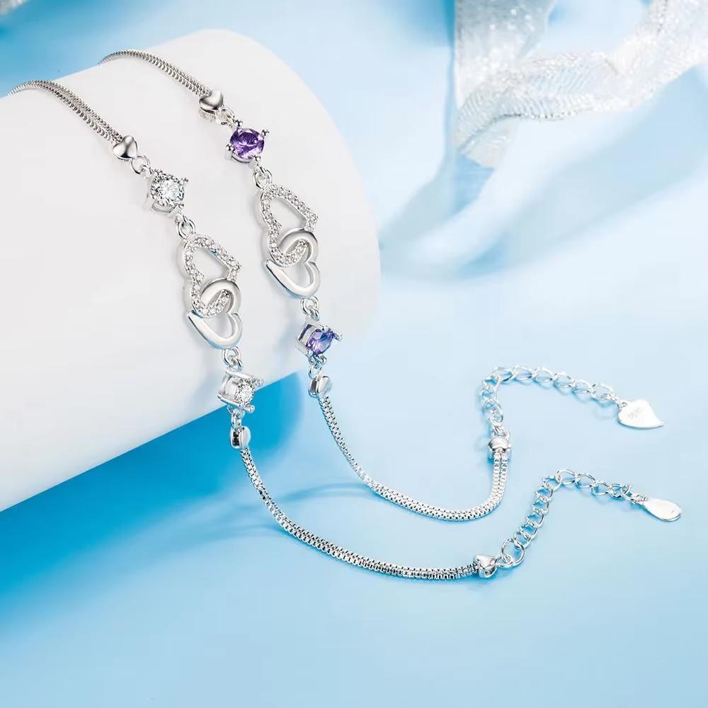 S925 Silver Bracelet Inlaid With Amethyst Embellished With Zircon Heart-Shaped Women's Bracelet Evening Luxury Jewelry