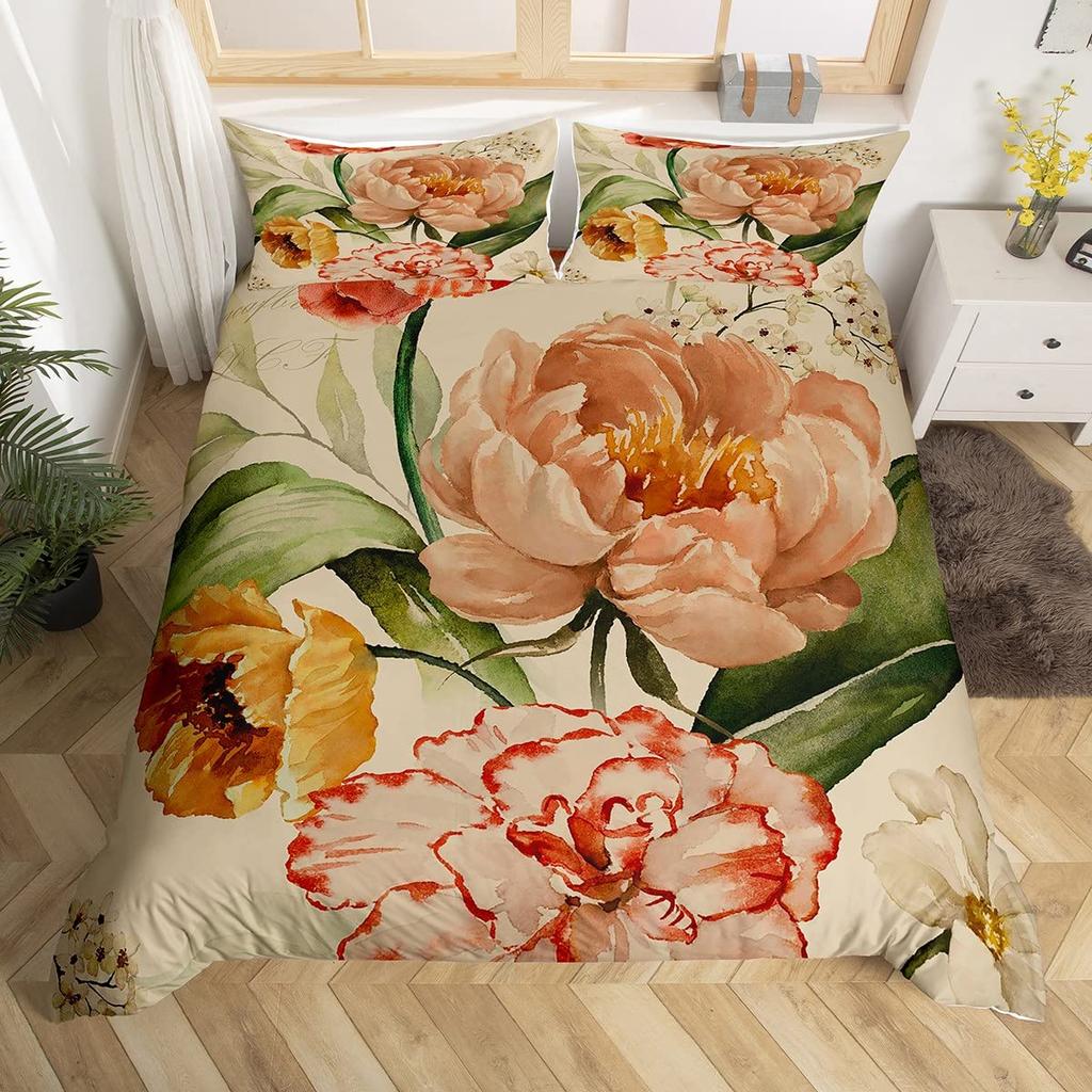 Vintage Flower King Full Queen Duvet Cover Retro Pink Floral Comforter Cover Rose Green Leaves Bedding Set Polyester Quilt Cover