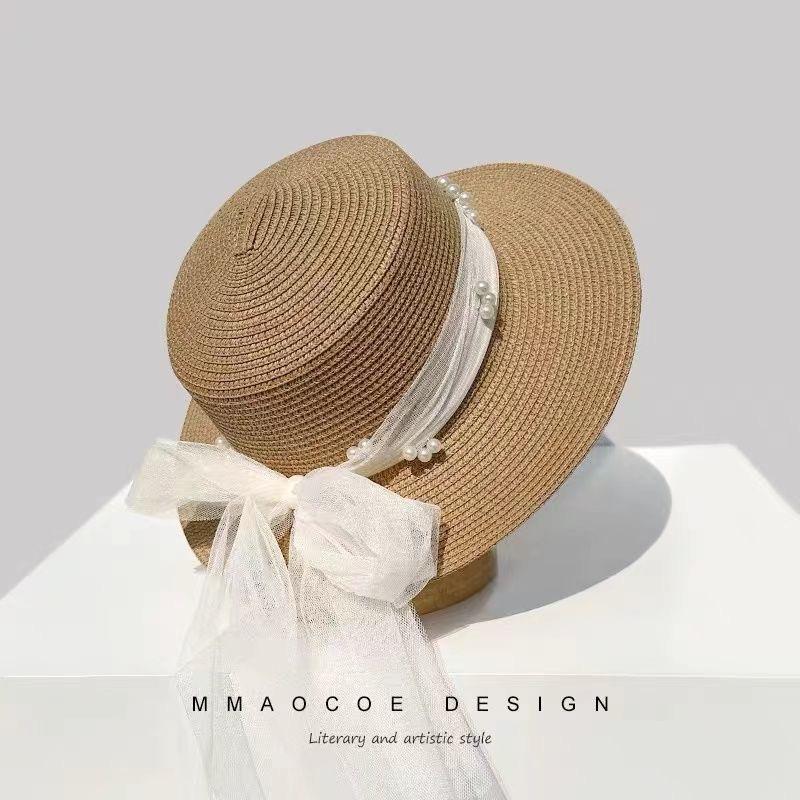 New straw hat women's summer foreign style lace bow sunscreen sun hat outdoor beach hat sunshade straw hat