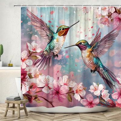 1pc Watercolor Floral Spring Hummingbird Shower Curtain - Modern Garden Landscape, 12 Hooks, Fits All Bathrooms