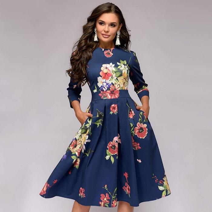 2022 A-line Retro Floral Dress for Women - Three-quarter Sleeve, Round Neck, Autumn/Winter Collection