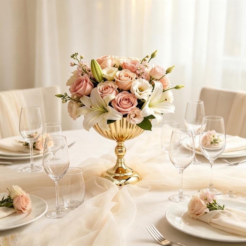 Wedding Table Flower Urn Vase, Metal Pedestal Design Compote Bowl Vase for Freshing Flowers, Artificial Flower, Dried Arrangements, Decorative Branch