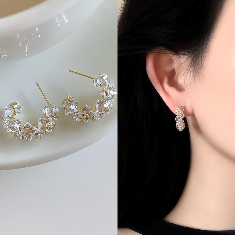 

Silver needle zircon C-shaped earrings exquisite versatile temperament stud earrings niche fashion light luxury high-end earrings women